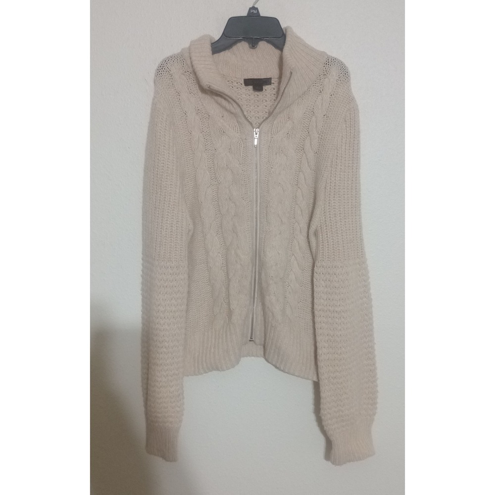 JW Style Women Cream Cable Knit Full Zip Wool Blend Mock Neck Sweater Large